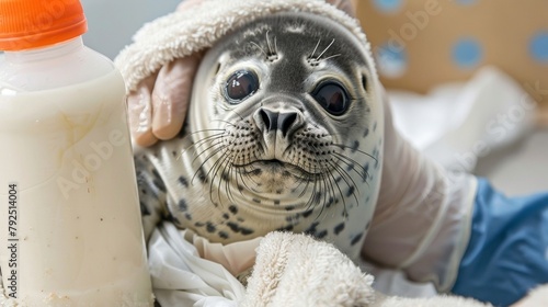 Closeup of a young seal pup being carefully handfed by a wildlife rehabilitator with a bottle of formula in hand and a soft blanket wrapped around the pup. . photo