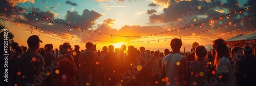 vibrant sunset over a summer festival, silhouettes of people dancing, colorful festival lights, and stalls in the background 
