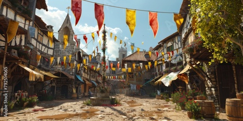 medieval village squaremaypole in vibrant colors and lively atmosphere