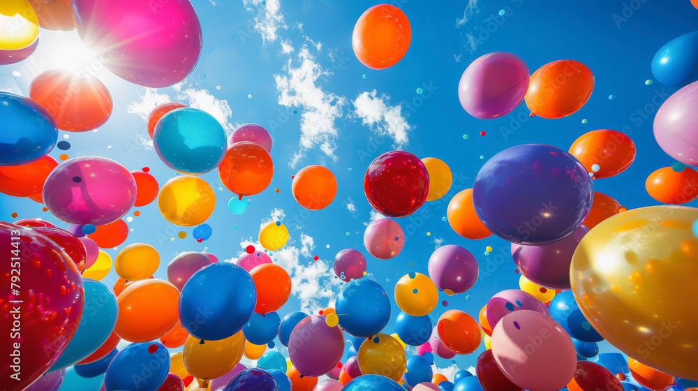 Multicolored balloons ascending into a clear blue sky with bright sunshine, conveying a festive or celebratory atmosphere. Multicolored balloons ascending into a clear blue sky with bright sunshine, conveying a festive or celebratory atmosphere.