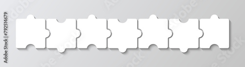 Puzzle infographics grid with 7 pieces in a row. Process diagram presentation. Jigsaw business chain infographic. Business info graphic with steps, parts. Vector illustration