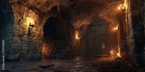 Medieval Castle Dungeon: Stone Walls, Flaming Torches, Mysterious Atmosphere. photo