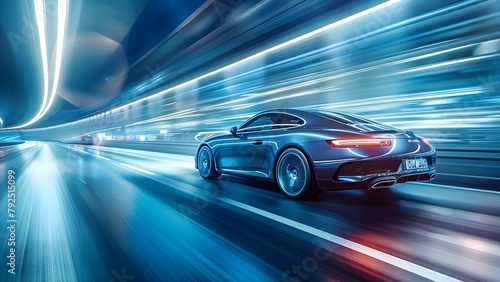 Blue car speeding down highway in motion blur high speed driving. Concept High speed driving, Motion blur, Blue car, Highway, Speeding © Ян Заболотний