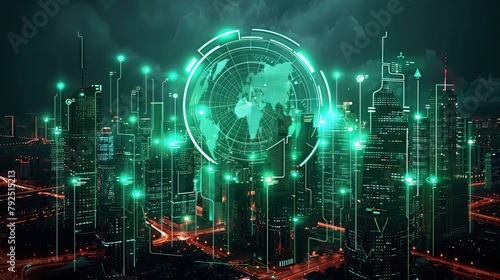 City buildings with digital green glowing wires and circular shields on a dark background. © PT