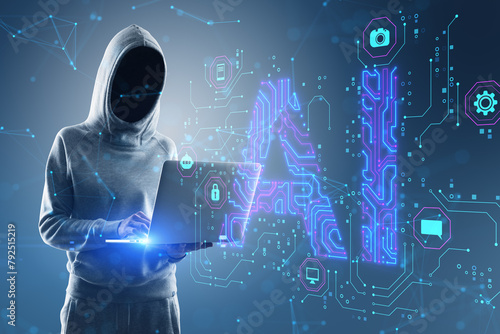 Hacker in hoodie using laptop with glowing blue AI hologram on blurry background. Artificial intelligence, technology and innovation concept.