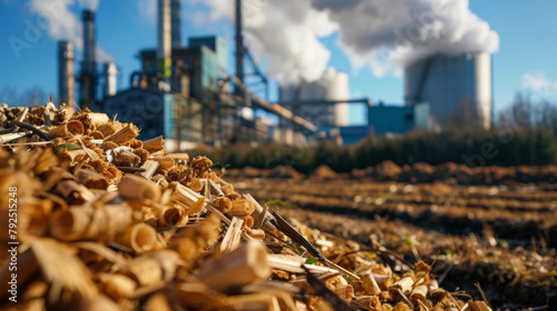 Wood chips in the foreground with an industrial biomass power plant in the back