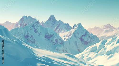 Stylized Snowy Mountain Range, Pastel Tones, Serene Winter Landscape