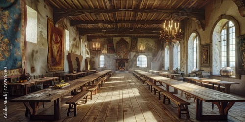 Medieval Castle Banquet HallLong Wooden Tables and Chairs photo