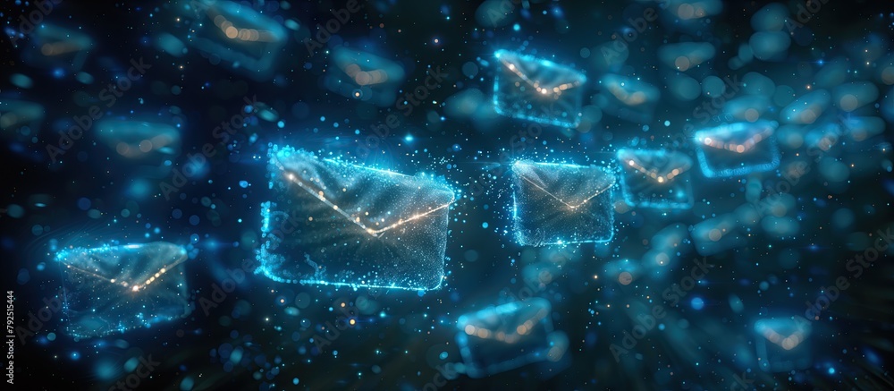 Fototapeta premium Digital technology, envelopes or emails floating in the air.