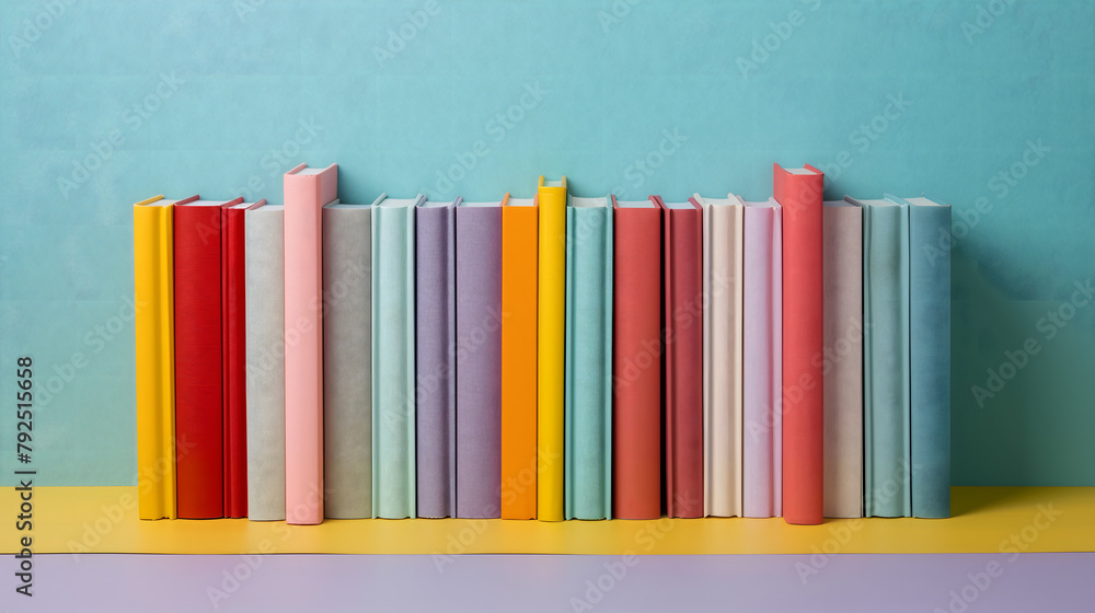 Naklejka premium A cheerful sequence of books in a variety of hues presents a delightful visual against a pastel blue and yellow background, enhancing the cheerful ambiance. 