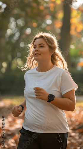 An active woman enjoying an early morning jog among the colorful fall foliage, wearing a smartwatch to track her fitness. 