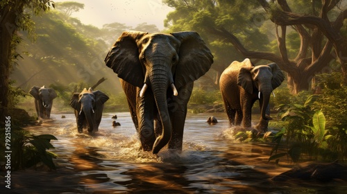 A majestic group of elephants gracefully traversing a river