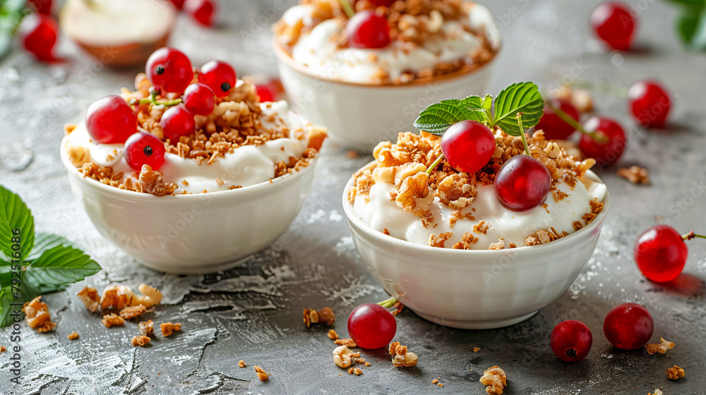 Homemade yogurt with fruits, berries and nuts in a bowl. Homemade yogurt with fruits, berries and nuts in a bowl.