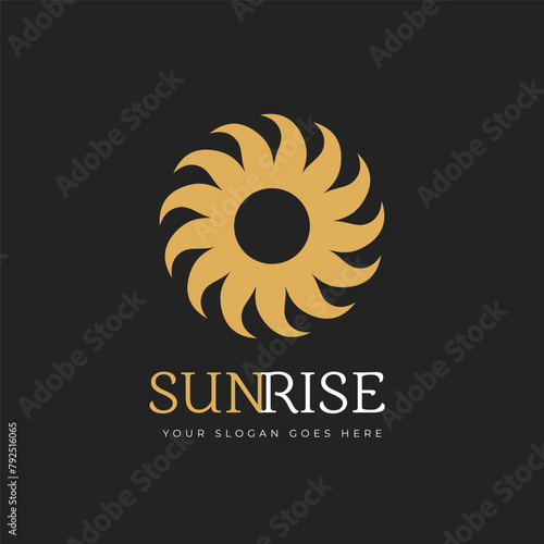 Abstract Sun Logo. Gold Sunrise Icon with twirl Rays. Stock vector illustration isolated on dark background.