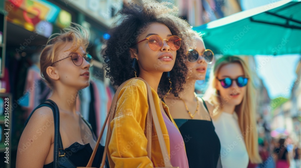 Four women wearing sunglasses and carrying handbags are standing on a street