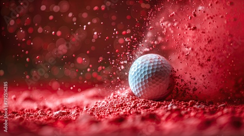 Golf club hits white golf ball And red powder spread around. photo
