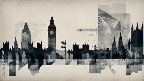Contemporary minimalist collage featuring a double exposure of Big Ben and the London cityscape, crafted with monochromatic colors and geometric shapes Generative AI