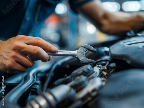 A close-up of a mechanic's hand holding a wrench, working on a car engine.