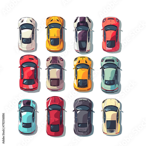 colorful parking lot seen from above, with rows of cars in different colors