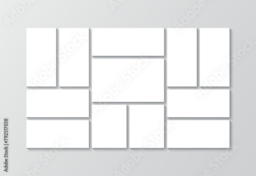 Scrapbook grid. Images mosaic mockup. Mood board picture frame. Photo collage template. Album brandboard. Portfolio gallery layout. Moodboard square banner. Vector illustration