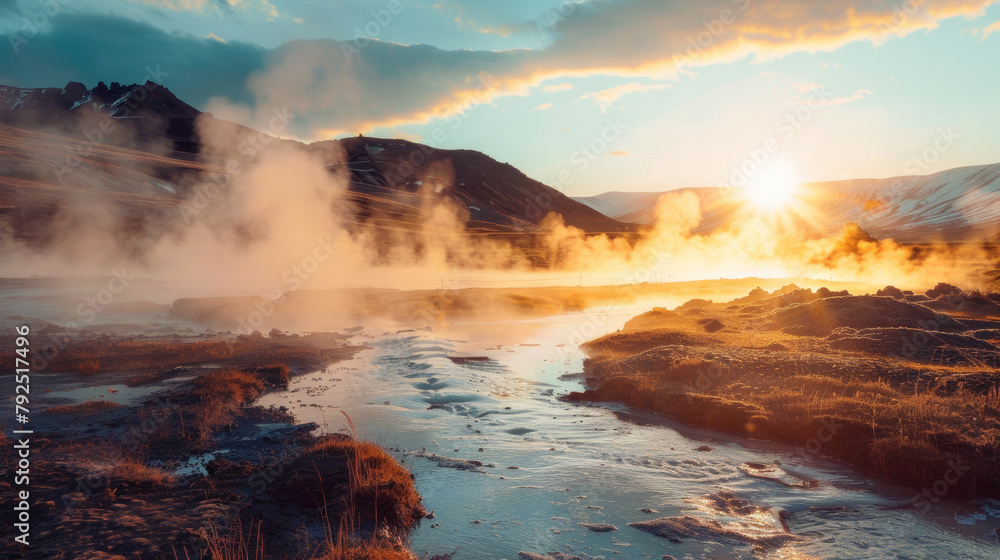 Sunset over a steaming geothermal landscape with snow-capped mountains