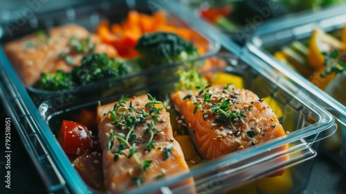 Closeup of a healthy meal prep container filled with a balanced and nutritious meal signifying the impact of planning and preparation in maintaining a healthy diet and preventing obesity. .