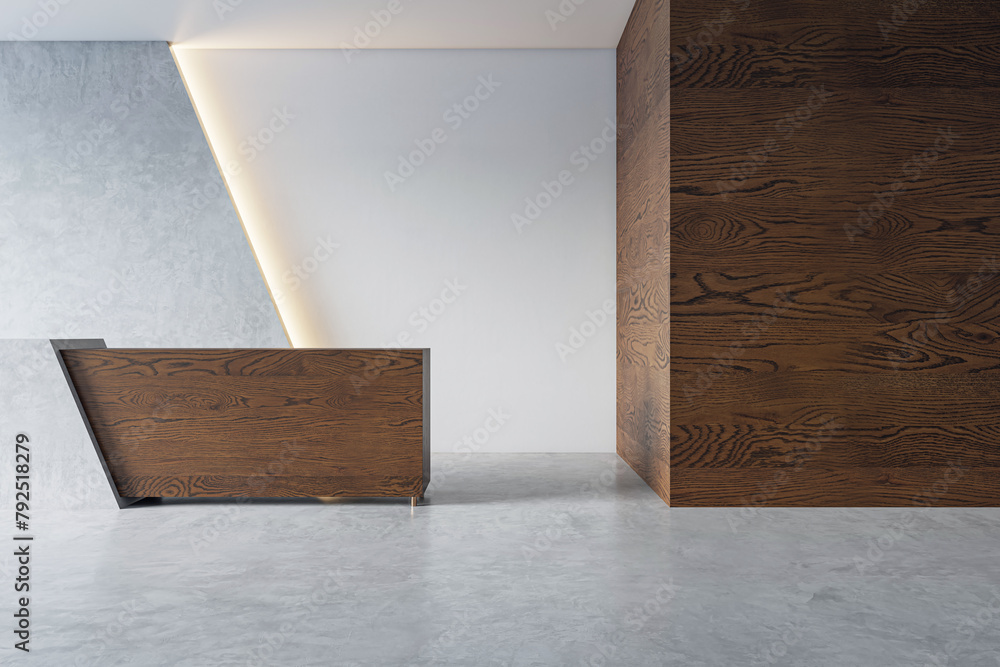 Obraz premium An office reception area with a modern wooden desk against a concrete wall, with soft lighting, illustrating a corporate interior design concept. 3D Rendering