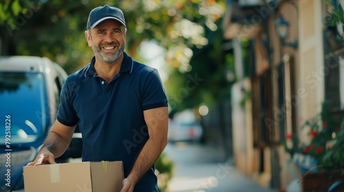 A happy delivery man with package © VLA Studio