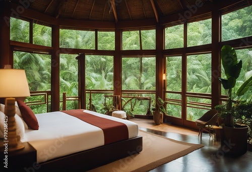 tropical forest surrounded creating ambiance nature view hotel interior relaxing Eco-lodge serene