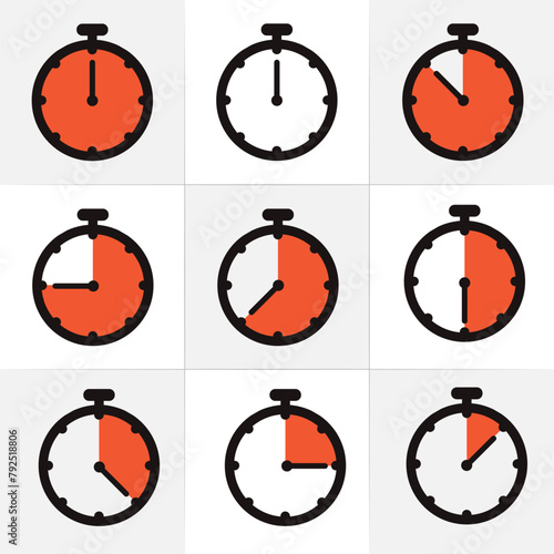 Stopwatch or timer icon set of 9. Chronometer, deadline time interval sign. Time measurement Stock vector illustration isolated on white background.