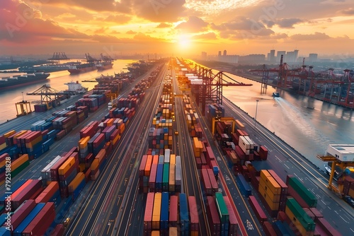 Aerial View of Vibrant Harbor and Logistics at Sunset with Warehouses Cranes and Cargo Containers in Global Transportation Network