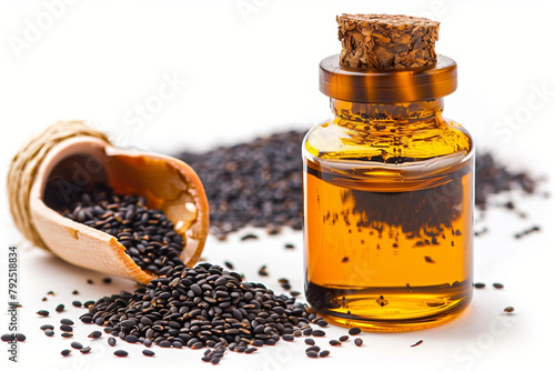 Glass bottle of oil with black seeds isolated on white background. Organic herbal medicine and health product.