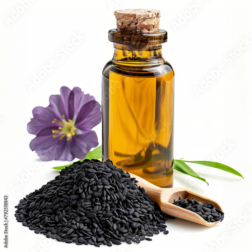 Glass bottle of oil with black seeds and flower isolated on white background. Organic herbal medicine and health product.