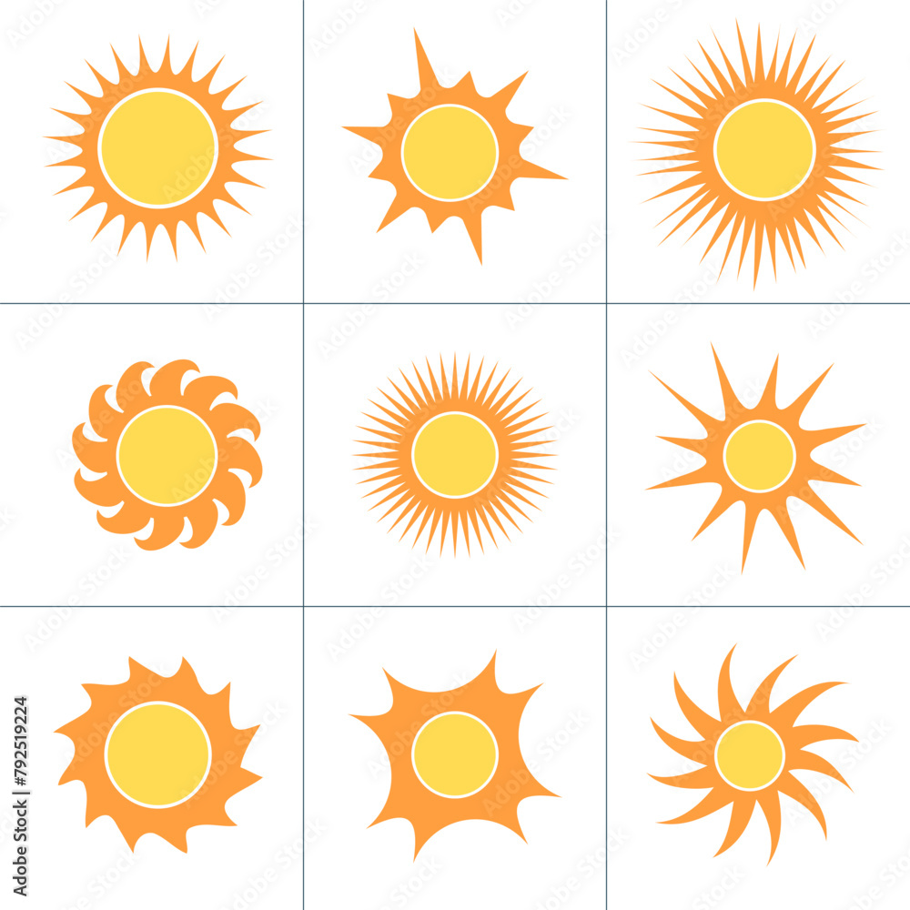 Sun icon set of 9, the source of light symbol. Sunlight, sunrise element. Shining sun icon in yellow color. Stock vector illustration isolated on white background. Sun icon set of 9, the source of light symbol. Sunlight, sunrise element. Shining sun icon in yellow color. Stock vector illustration isolated on white background.