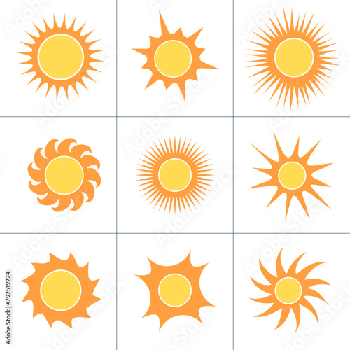 Sun icon set of 9, the source of light symbol. Sunlight, sunrise element. Shining sun icon in yellow color. Stock vector illustration isolated on white background.