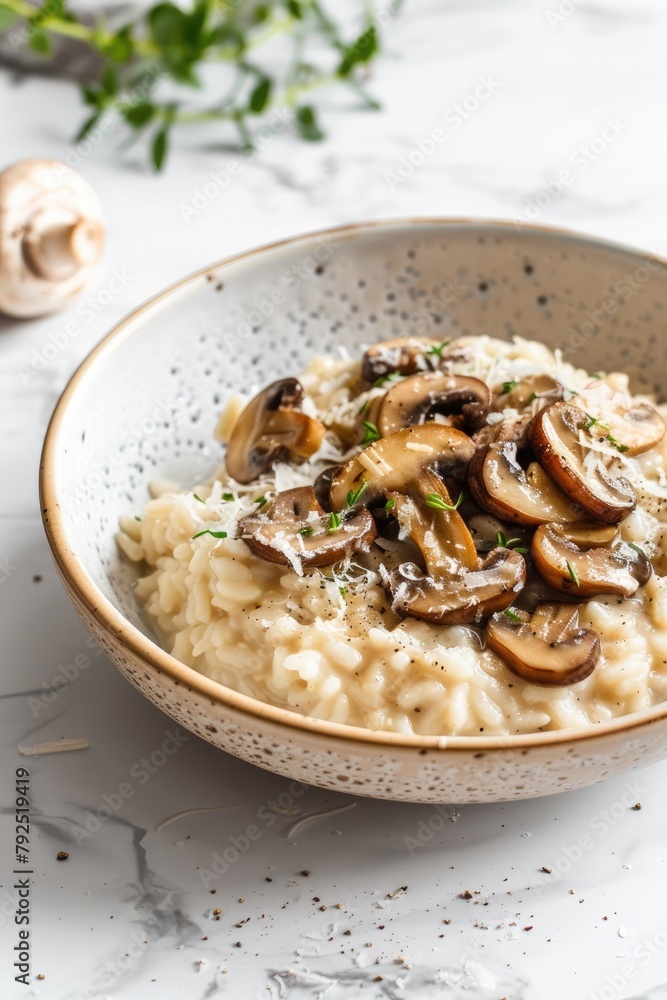 Luxurious Creamy Parmesan Mushroom Risotto on Marble Countertop Luxurious Creamy Parmesan Mushroom Risotto on Marble Countertop