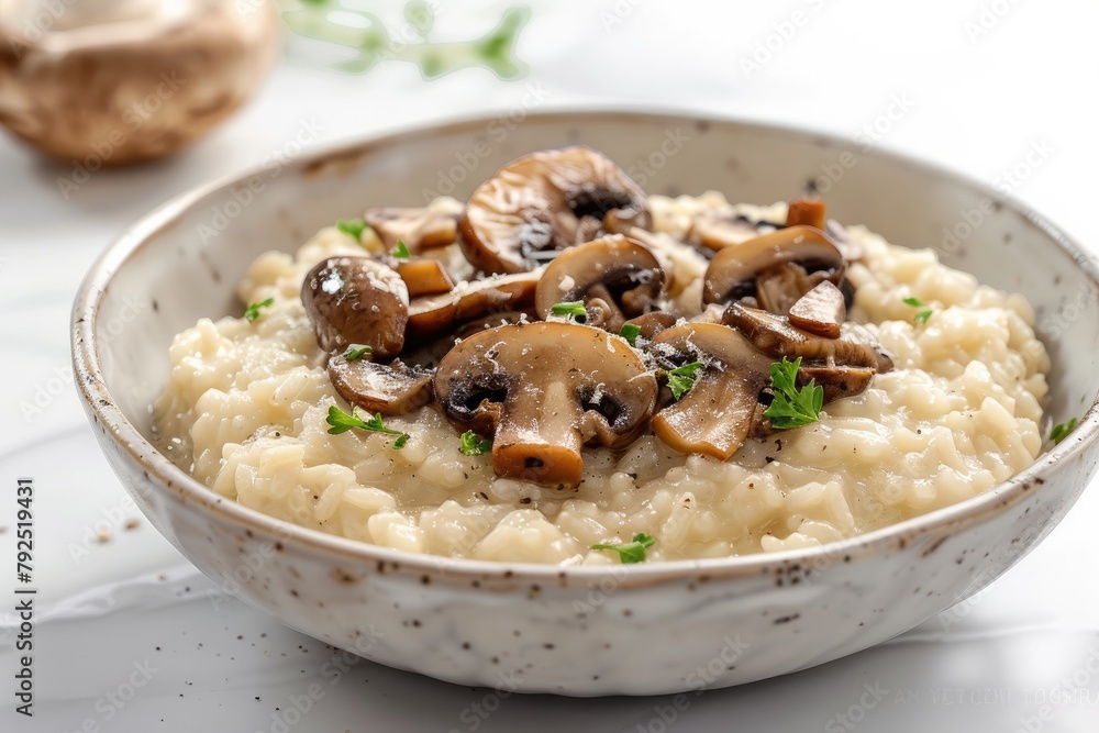 Luxurious Creamy Parmesan Mushroom Risotto on Marble Countertop Luxurious Creamy Parmesan Mushroom Risotto on Marble Countertop