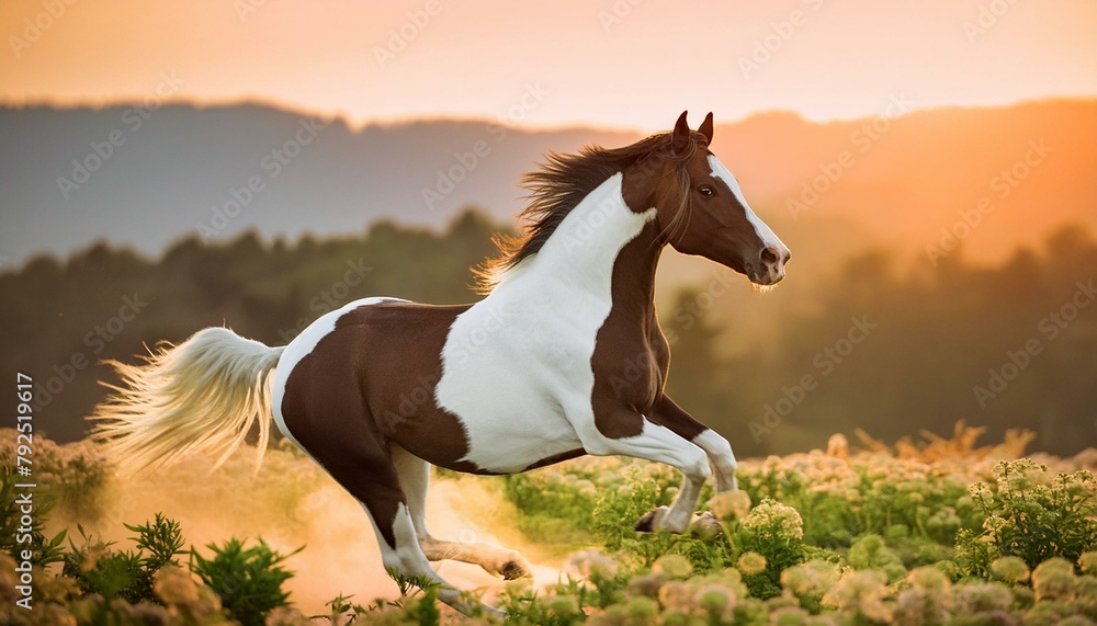 horse at sunset field, beautiful, mare, white, beauty, pasture, grass, sky, horses, green, ranch, face - obrazy, fototapety, plakaty 