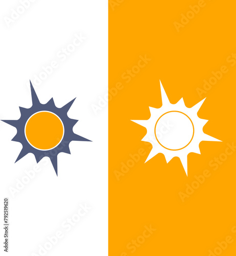 Sun icon, the source of light symbol. Sunlight, sunrise element. Shining sun icon in yellow color. Stock vector illustration isolated on white and yellow background.
