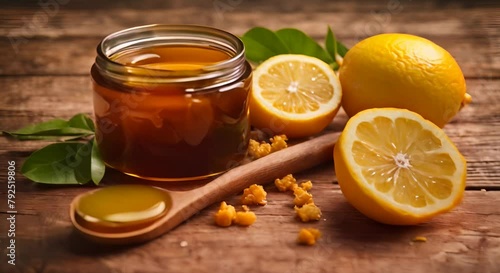 Lemons and Honey on a Wooden Table