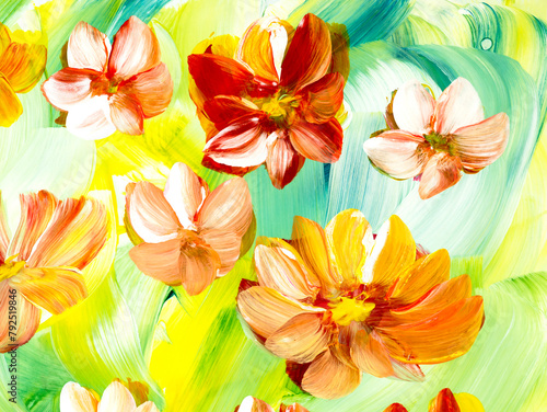 Red and orange abstract flowers, original hand drawn, impressionism style, color texture, brush strokes of paint, art background.