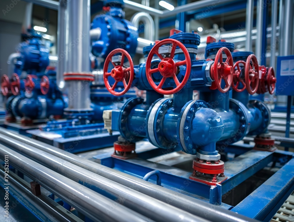 Naklejka premium Close-up of red valves and blue pumps on industrial pipelines, conveying complexity of system.
