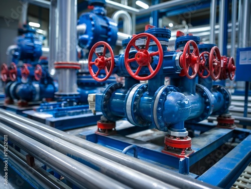 Close-up of red valves and blue pumps on industrial pipelines, conveying complexity of system.