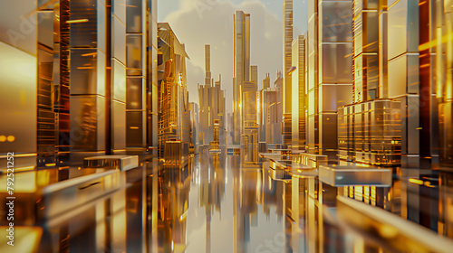 Illustrate a sleek and modern scene showcasing a rear perspective of a futuristic cityscape intertwined with golden elements Emphasize the integration of gold in technology and societys evolution