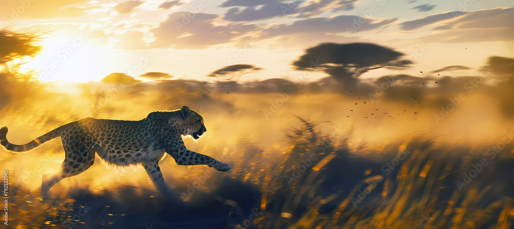 Gepard running in the savanna at sunset. Generative ai design concept art.