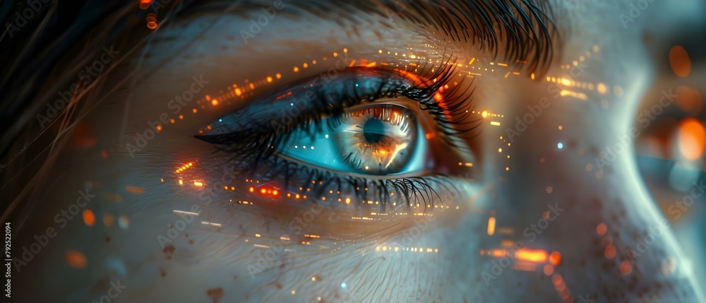 © Anastasiia - Closeup of a womans eye with futuristic cyber technology security interface. Concept Technology, Cybersecurity, Futuristic, Eye Detail, Close-up © Anastasiia - Closeup of a womans eye with futuristic cyber technology security interface. Concept Technology, Cybersecurity, Futuristic, Eye Detail, Close-up