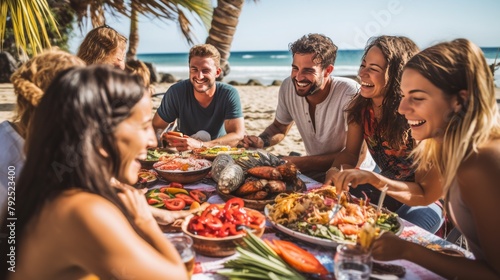A diverse group of individuals engaged in a lively food-sharing session around a rustic wooden table