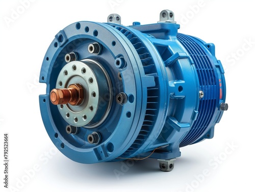 Close-up of a blue industrial electric motor isolated on a white background, highlighting engineering and technology.