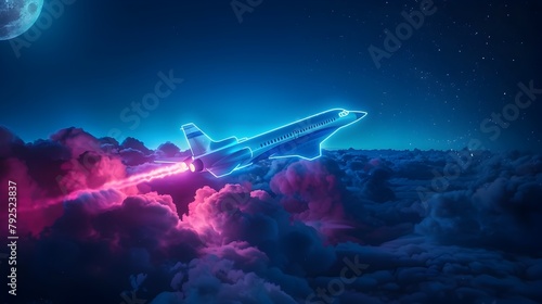 Neon Lit Supersonic Jet Soaring through Moonlit Clouds photo