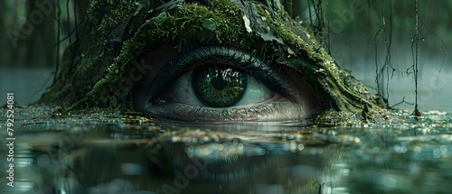 Spooky mosscovered eye in swamp watches guardian closely observing their every move. Concept Horror, Swamp, Guardian, Eye, Spooky